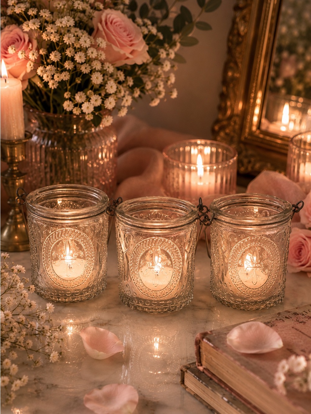 Set of 3 Fleur de Lis Glass Votive Candle Holders French Cottage Farmhouse